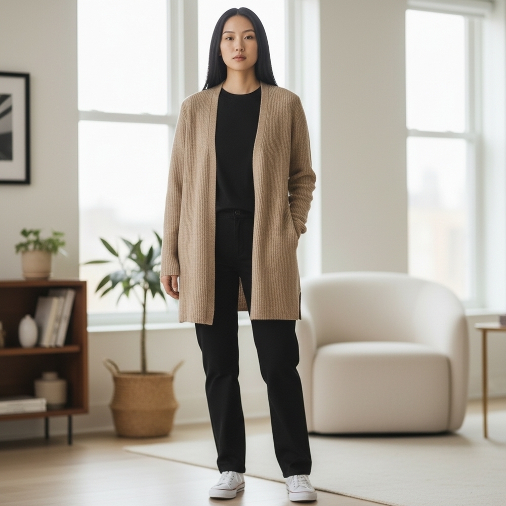 J.Crew Ribbed Knit Open Front Cardigan Sweater Tan Lambswool Neutral Women's S/M